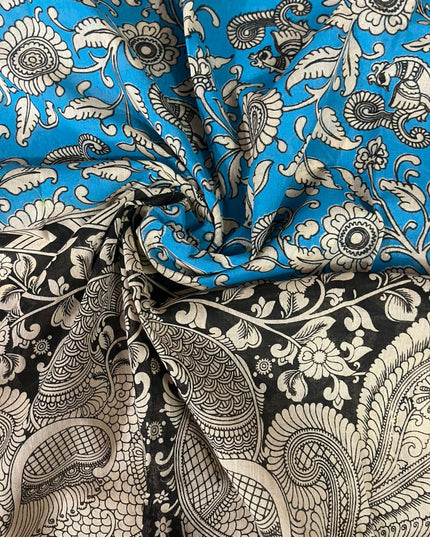 Peacock Blue Kalamkari Cotton 3 Piece Suit Material Set | Unstitched Top Bottom Dupatta