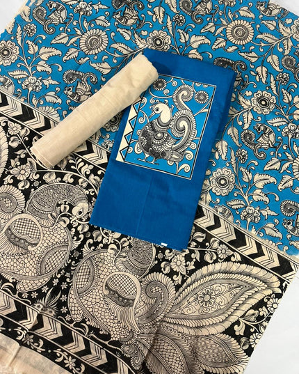 Peacock Blue Kalamkari Cotton 3 Piece Suit Material Set | Unstitched Top Bottom Dupatta