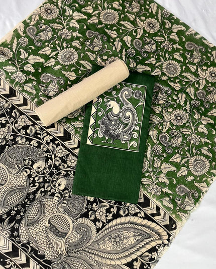 Forest Green Kalamkari Cotton 3 Piece Suit Material Set | Unstitched Top Bottom Dupatta