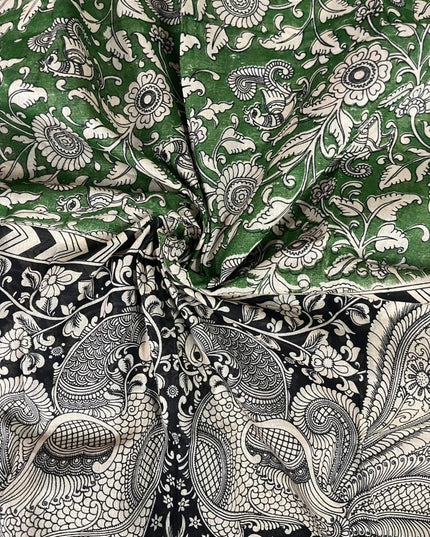 Forest Green Kalamkari Cotton 3 Piece Suit Material Set | Unstitched Top Bottom Dupatta