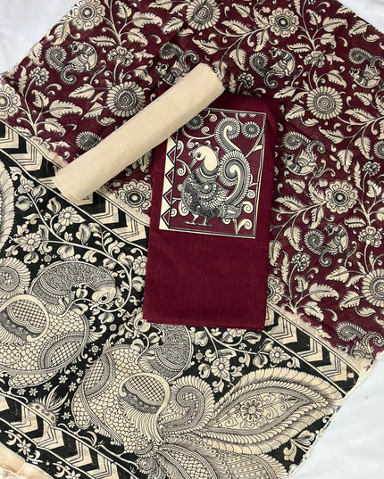 Burgundy Maroon Kalamkari Cotton 3 Piece Suit Material Set | Unstitched Top Bottom Dupatta