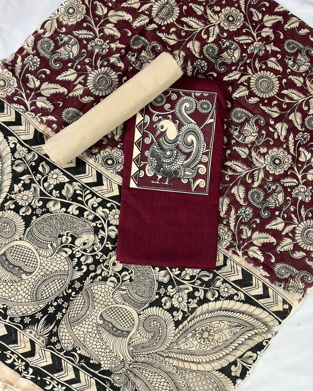 Burgundy Maroon Kalamkari Cotton 3 Piece Suit Material Set | Unstitched Top Bottom Dupatta