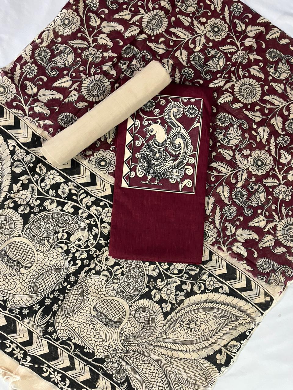 Burgundy Maroon Kalamkari Cotton 3 Piece Suit Material Set | Unstitched Top Bottom Dupatta
