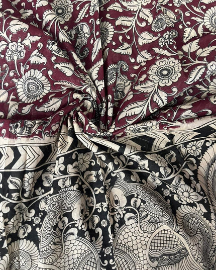 Burgundy Maroon Kalamkari Cotton 3 Piece Suit Material Set | Unstitched Top Bottom Dupatta