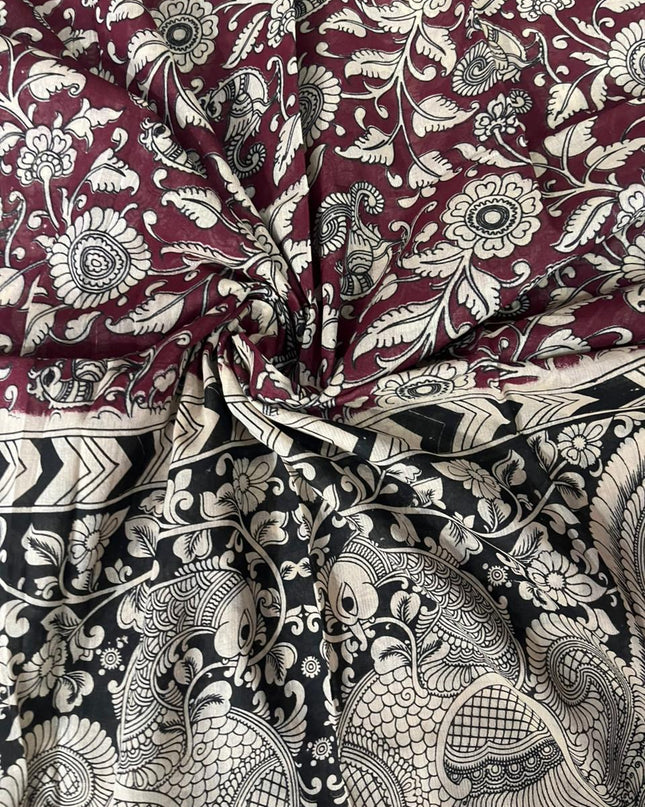 Burgundy Maroon Kalamkari Cotton 3 Piece Suit Material Set | Unstitched Top Bottom Dupatta