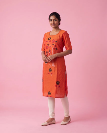 Coral Orange Cotton Top | Scoop Neck | Half Sleeves | Without Lining