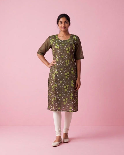 Olive Green Cotton Top | Scoop Neck | Half Sleeves | Without Lining