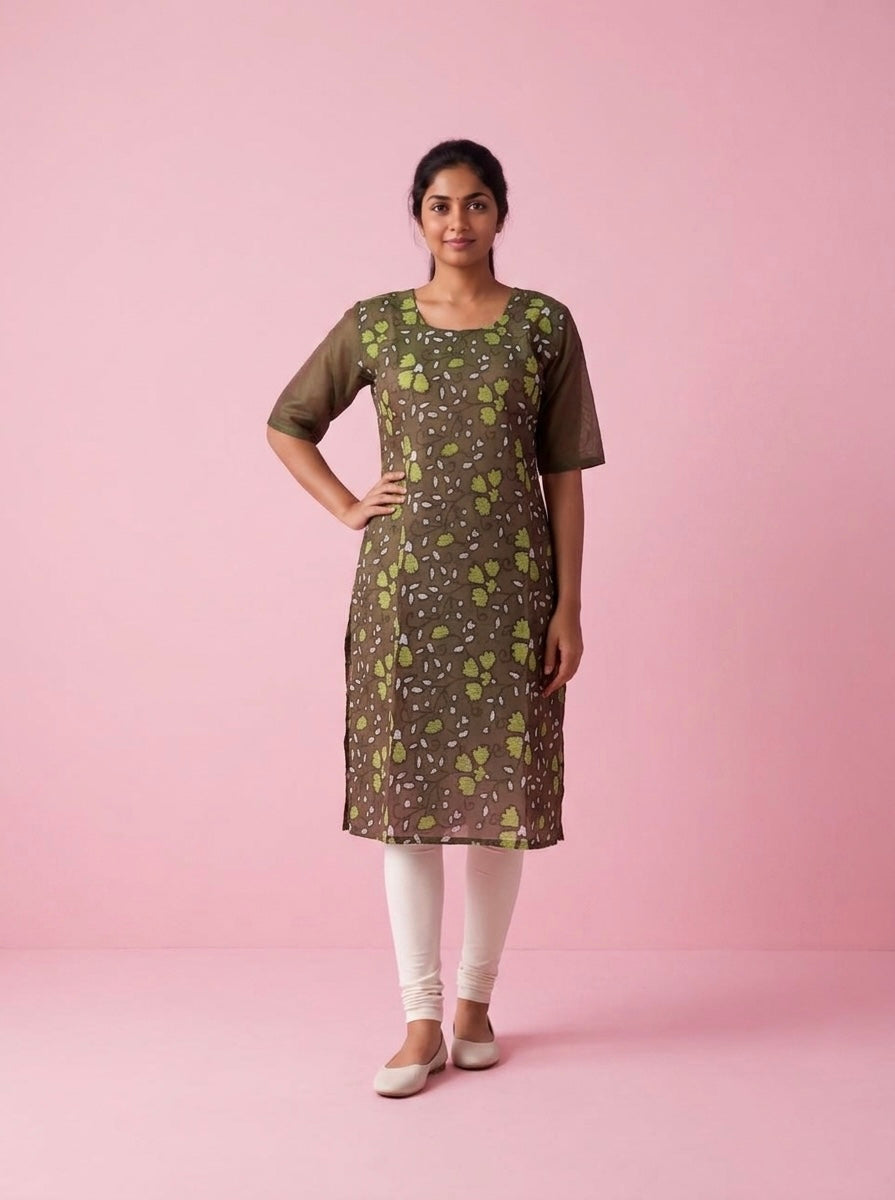 Olive Green Cotton Top | Scoop Neck | Half Sleeves | Without Lining