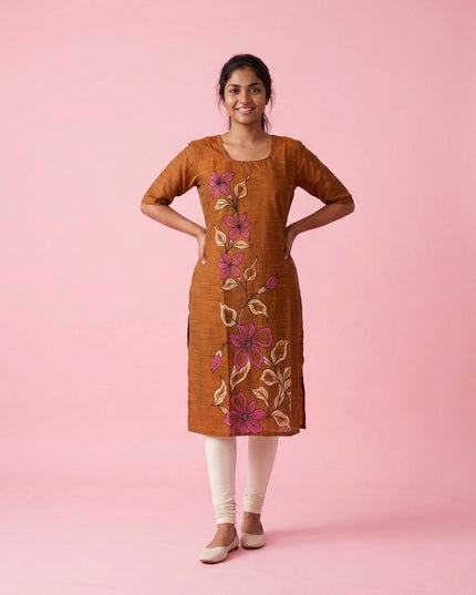 Coffee Brown Cotton Top | Scoop Neck | Half Sleeves | Without Lining