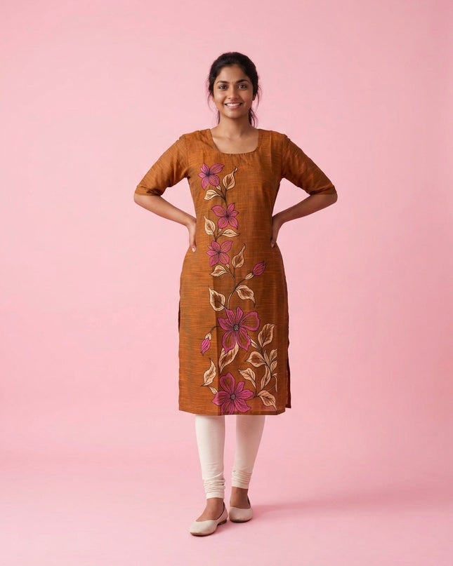 Coffee Brown Cotton Top | Scoop Neck | Half Sleeves | Without Lining
