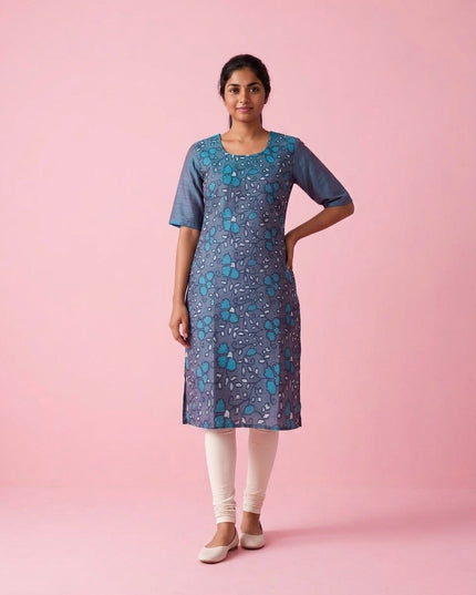 Slate Blue Cotton Top | Scoop Neck | Half Sleeves | Without Lining