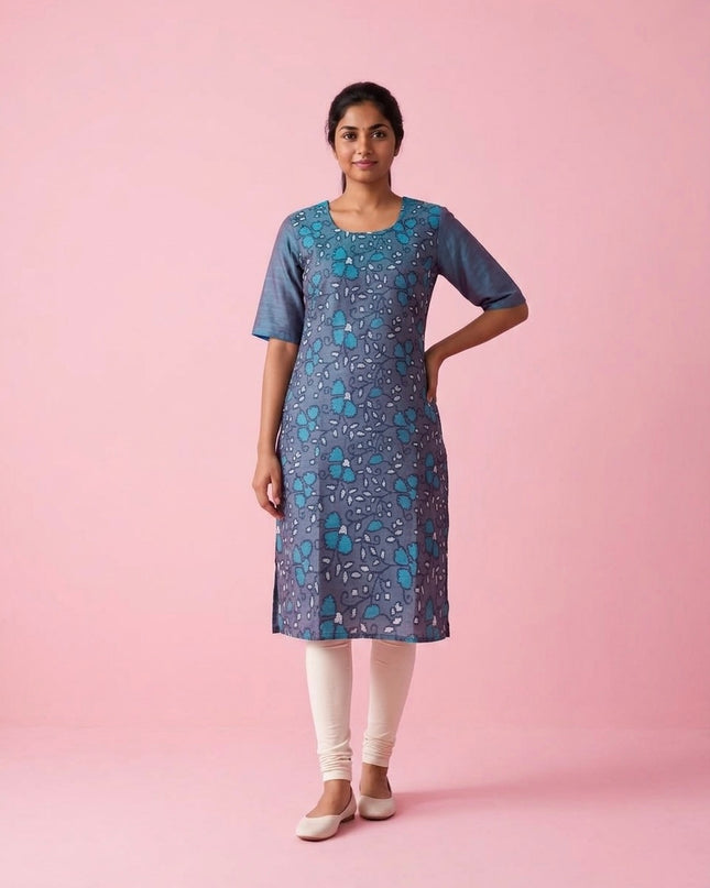 Slate Blue Cotton Top | Scoop Neck | Half Sleeves | Without Lining