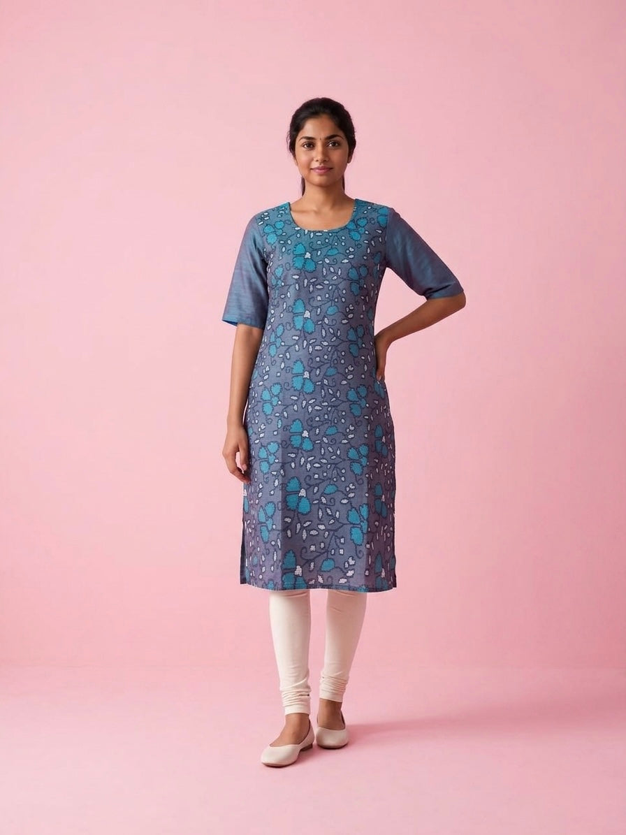 Slate Blue Cotton Top | Scoop Neck | Half Sleeves | Without Lining