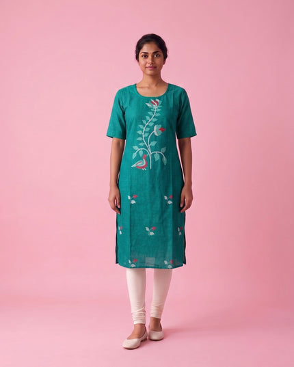 Teal Blue Cotton Top | Scoop Neck | Half Sleeves | Without Lining