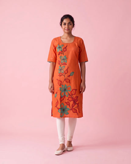 Orange Cotton Top | Scoop Neck | Half Sleeves | Without Lining