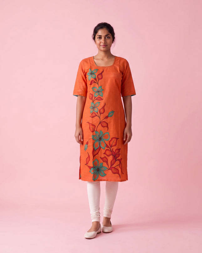 Orange Cotton Top | Scoop Neck | Half Sleeves | Without Lining