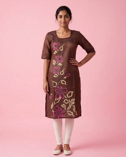 Brown Cotton Top | Scoop Neck | Half Sleeves | Without Lining