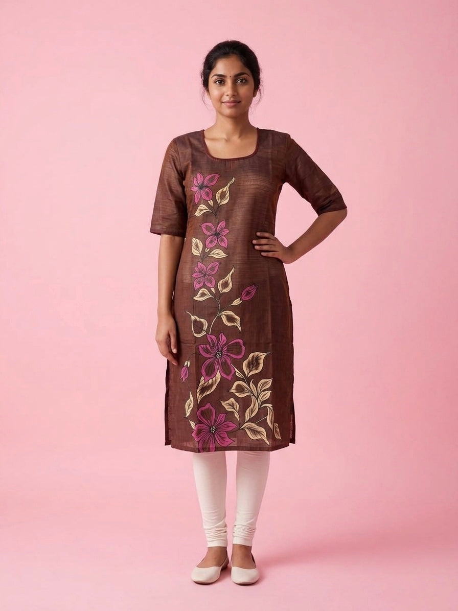 Brown Cotton Top | Scoop Neck | Half Sleeves | Without Lining