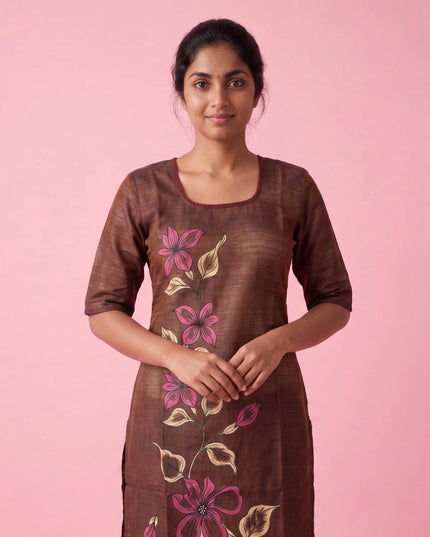 Brown Cotton Top | Scoop Neck | Half Sleeves | Without Lining