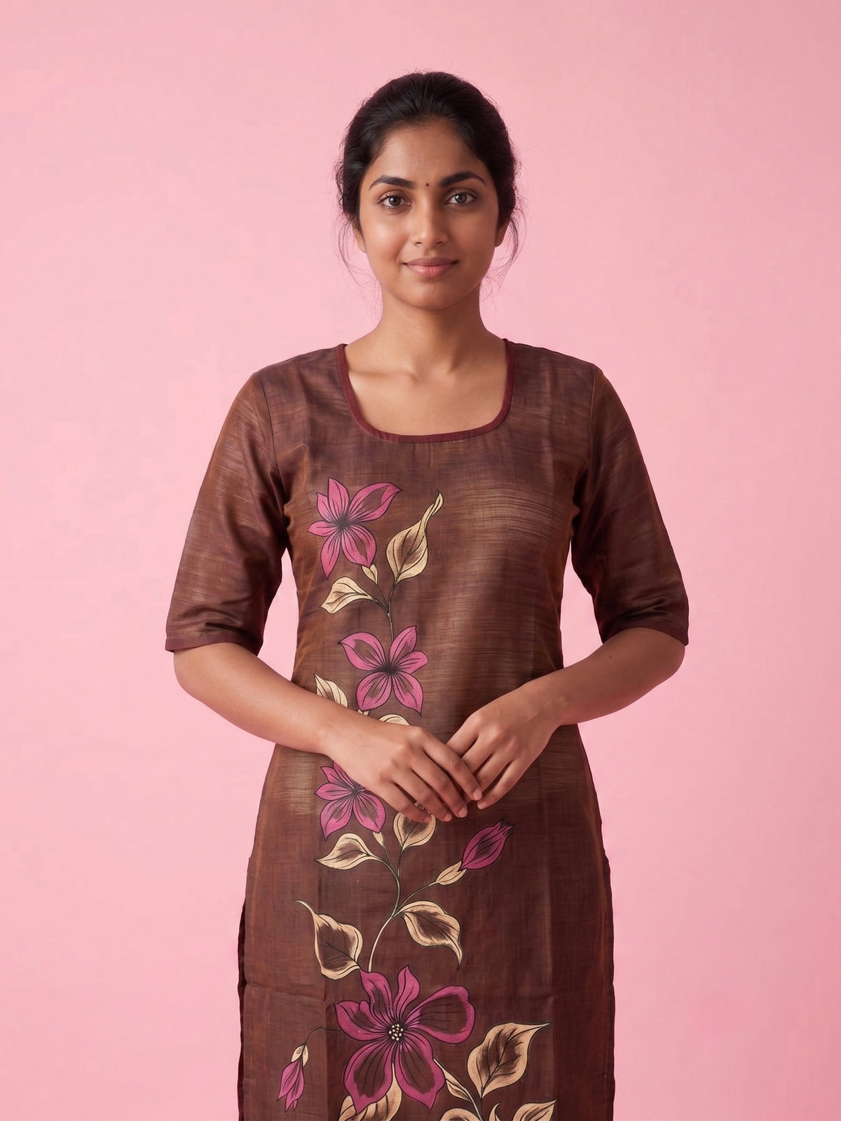 Brown Cotton Top | Scoop Neck | Half Sleeves | Without Lining