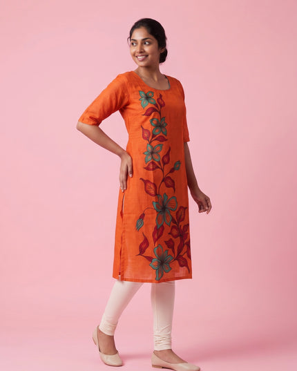 Orange Cotton Top | Scoop Neck | Half Sleeves | Without Lining