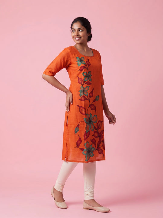 Orange Cotton Top | Scoop Neck | Half Sleeves | Without Lining