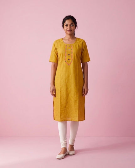 Mustard Yellow Cotton Top | Scoop Neck | Half Sleeves | Without Lining
