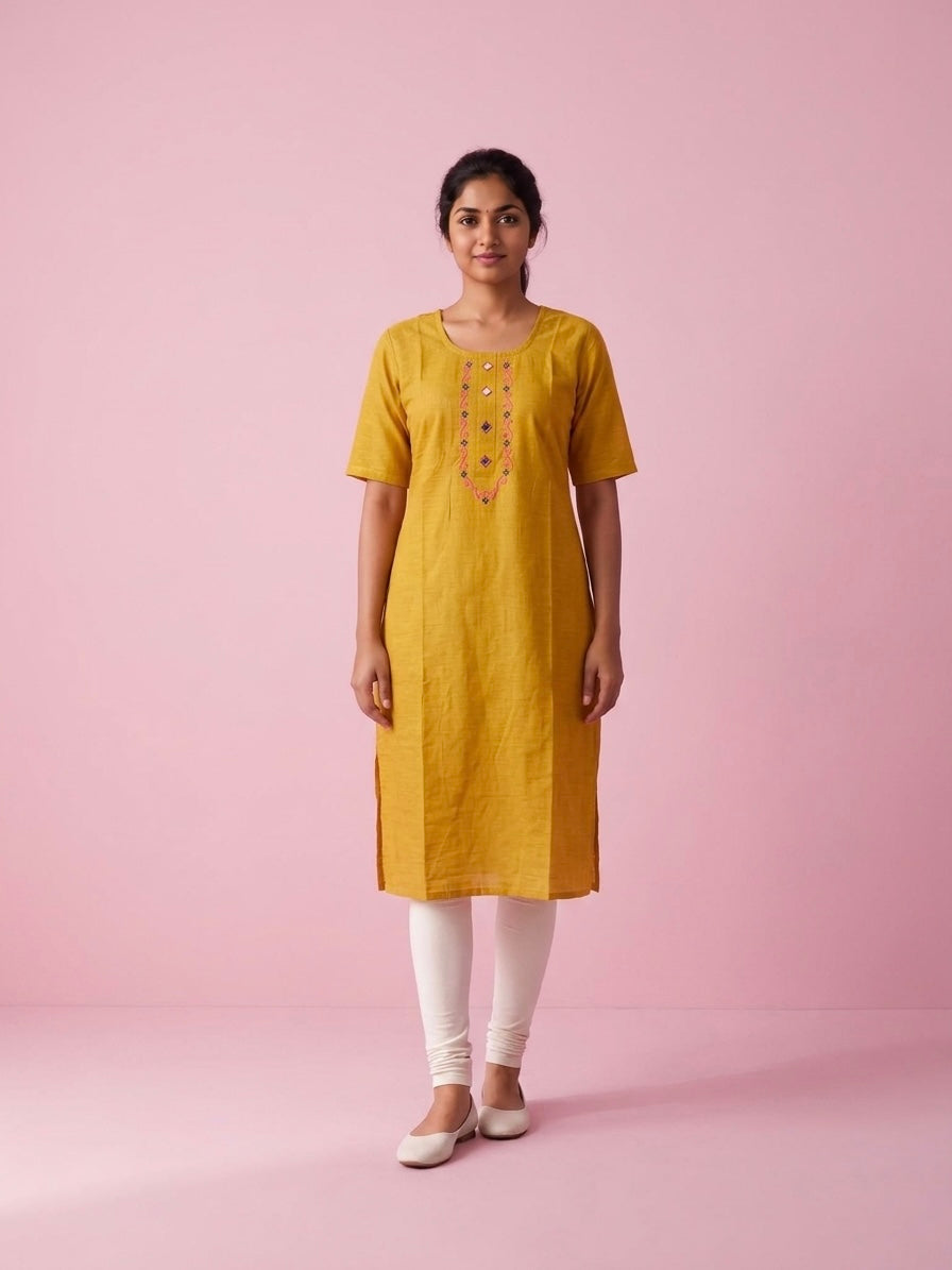 Mustard Yellow Cotton Top | Scoop Neck | Half Sleeves | Without Lining