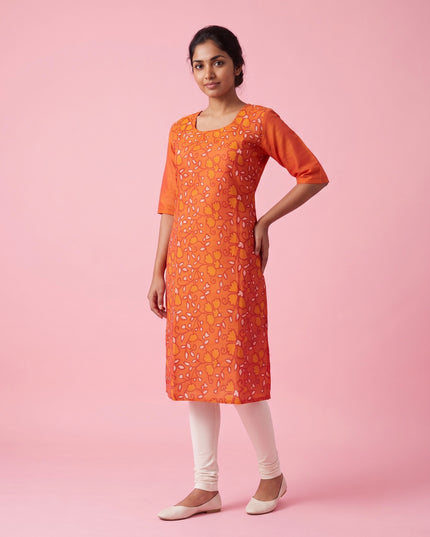 Orange Cotton Top | Scoop Neck | Half Sleeves | Without Lining