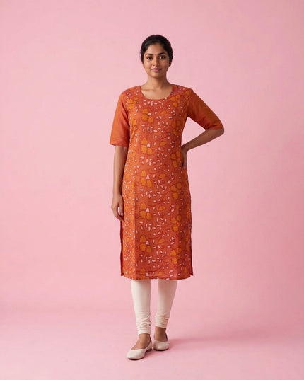 Rust Orange Cotton Top | Scoop Neck | Half Sleeves | Without Lining