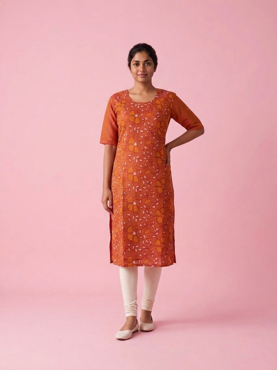 Rust Orange Cotton Top | Scoop Neck | Half Sleeves | Without Lining
