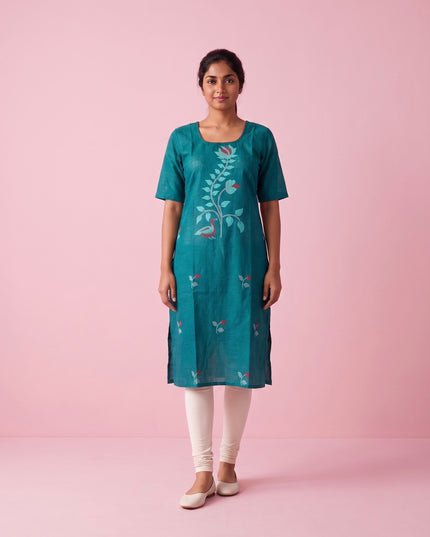Teal Green Cotton Top | Scoop Neck | Half Sleeves | Without Lining
