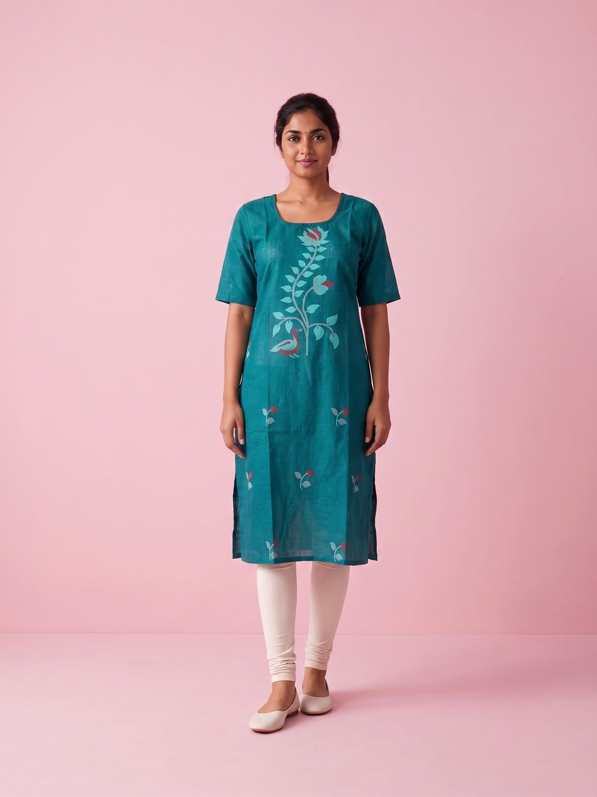 Teal Green Cotton Top | Scoop Neck | Half Sleeves | Without Lining