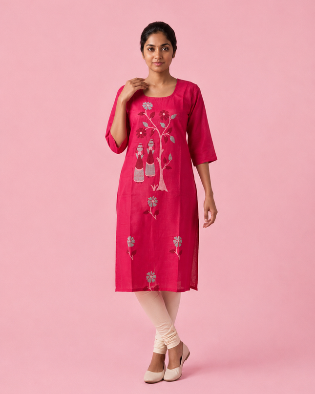 Magenta Pink Cotton Top | Scoop Neck | Half Sleeves | Without Lining