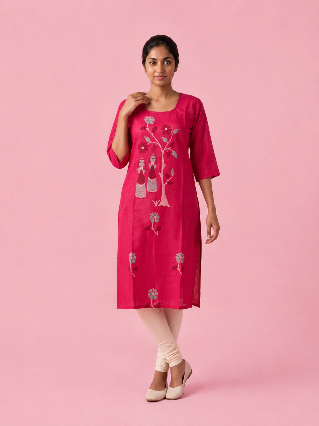 Magenta Pink Cotton Top | Scoop Neck | Half Sleeves | Without Lining
