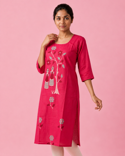 Magenta Pink Cotton Top | Scoop Neck | Half Sleeves | Without Lining