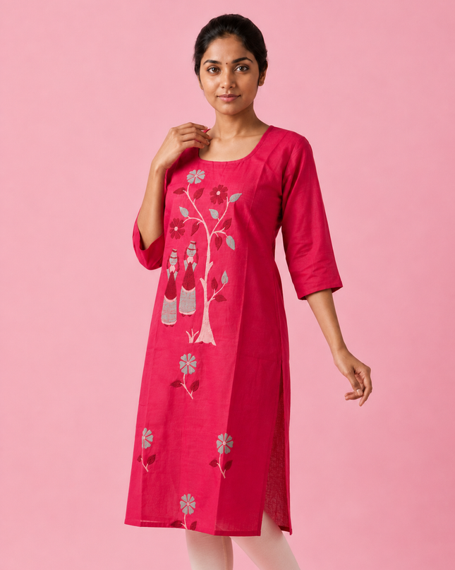 Magenta Pink Cotton Top | Scoop Neck | Half Sleeves | Without Lining