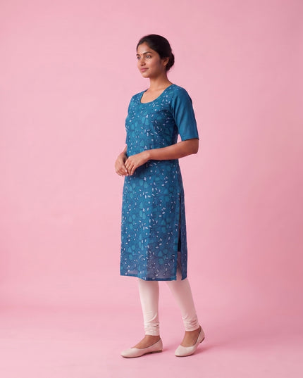 Blue Cotton Top | Scoop Neck | Half Sleeves | Without Lining