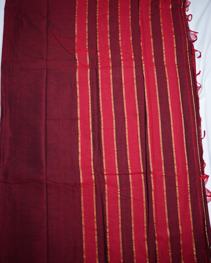 Narayanapet Mercerized Cotton Saree in Deep Maroon Red with Traditional Small Border | Soft Finish & Lightweight Drape