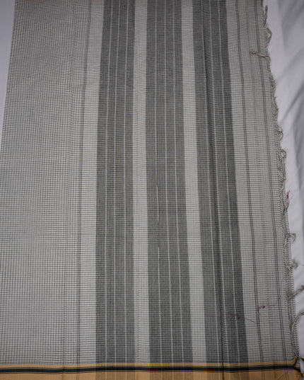 Narayanapet Mercerized Cotton Saree in Elegant White & Black Checks with Traditional Border | Soft Finish & Lightweight Drape