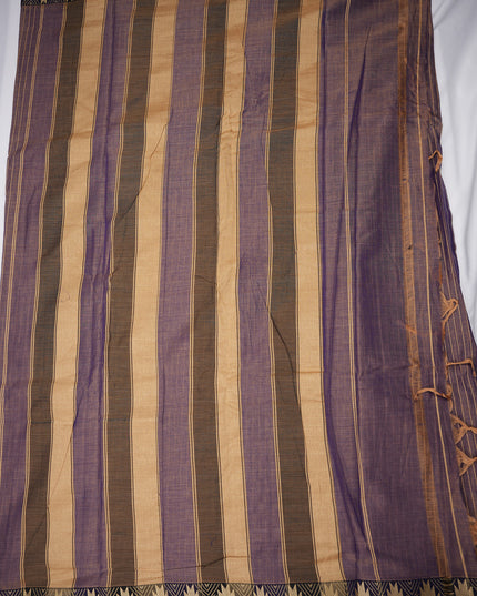 Narayanapet Mercerized Cotton Saree in Elegant Deep Plum Stripes with Traditional Border | Soft Finish & Lightweight Drape