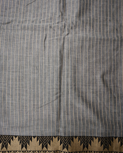 Narayanapet Mercerized Cotton Saree in Elegant Steel Grey Stripes with Traditional Border | Soft Finish & Lightweight Drape