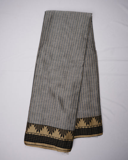 Narayanapet Mercerized Cotton Saree in Elegant Steel Grey Stripes with Traditional Border | Soft Finish & Lightweight Drape