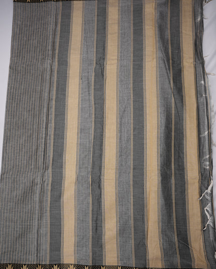 Narayanapet Mercerized Cotton Saree in Elegant Steel Grey Stripes with Traditional Border | Soft Finish & Lightweight Drape