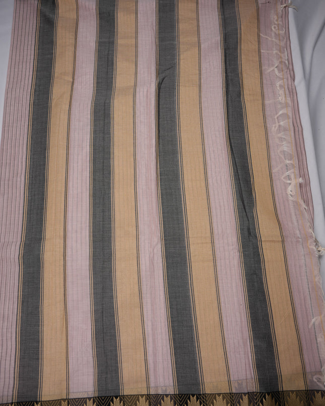 Narayanapet Mercerized Cotton Saree in Elegant Dusty Pink Stripes with Traditional Border | Soft Finish & Lightweight Drape