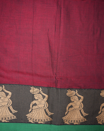 Narayanapet Mercerized Cotton Saree in Rich Wine Maroon with Traditional Figurative Border | Soft Finish & Lightweight Drape
