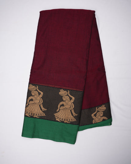 Narayanapet Mercerized Cotton Saree in Rich Wine Maroon with Traditional Figurative Border | Soft Finish & Lightweight Drape
