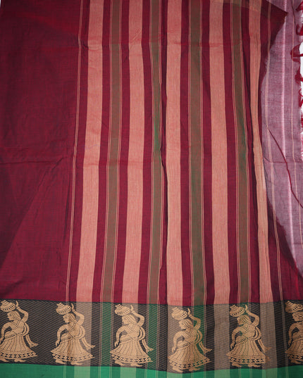 Narayanapet Mercerized Cotton Saree in Rich Wine Maroon with Traditional Figurative Border | Soft Finish & Lightweight Drape