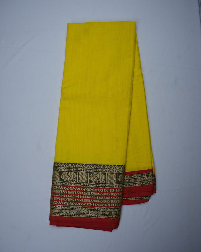 Narayanapet Mercerized Cotton Saree in Bright Turmeric Yellow with Traditional Peacock Zari Border | Soft Finish & Lightweight Drape
