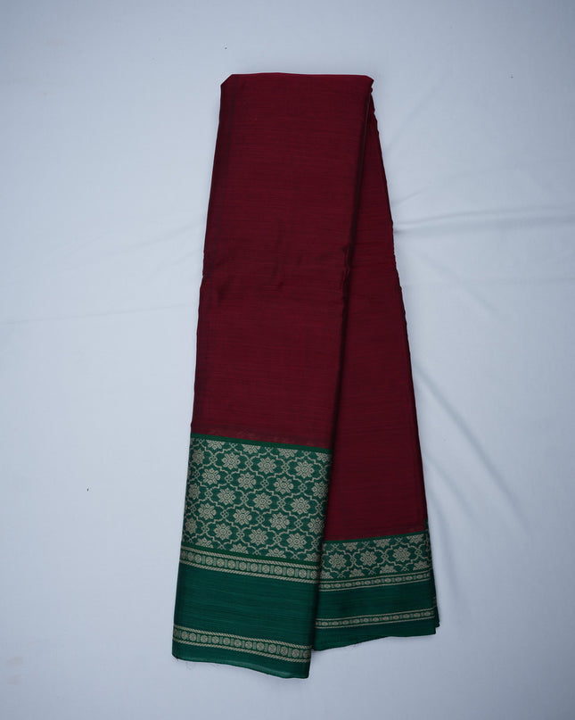 Narayanapet Mercerized Cotton Saree in Rich Ruby Red with Emerald Green Jacquard Border | Soft Finish & Lightweight Drape